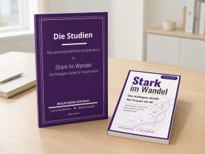 Die Bücher „Stark im Wandel“ und „Die Studien“ als Mock-up auf einem hellen Schreibtisch. Das wissenschaftliche A4-Kompendium steht aufrecht, der kleinere Kollagen-Guide liegt daneben.