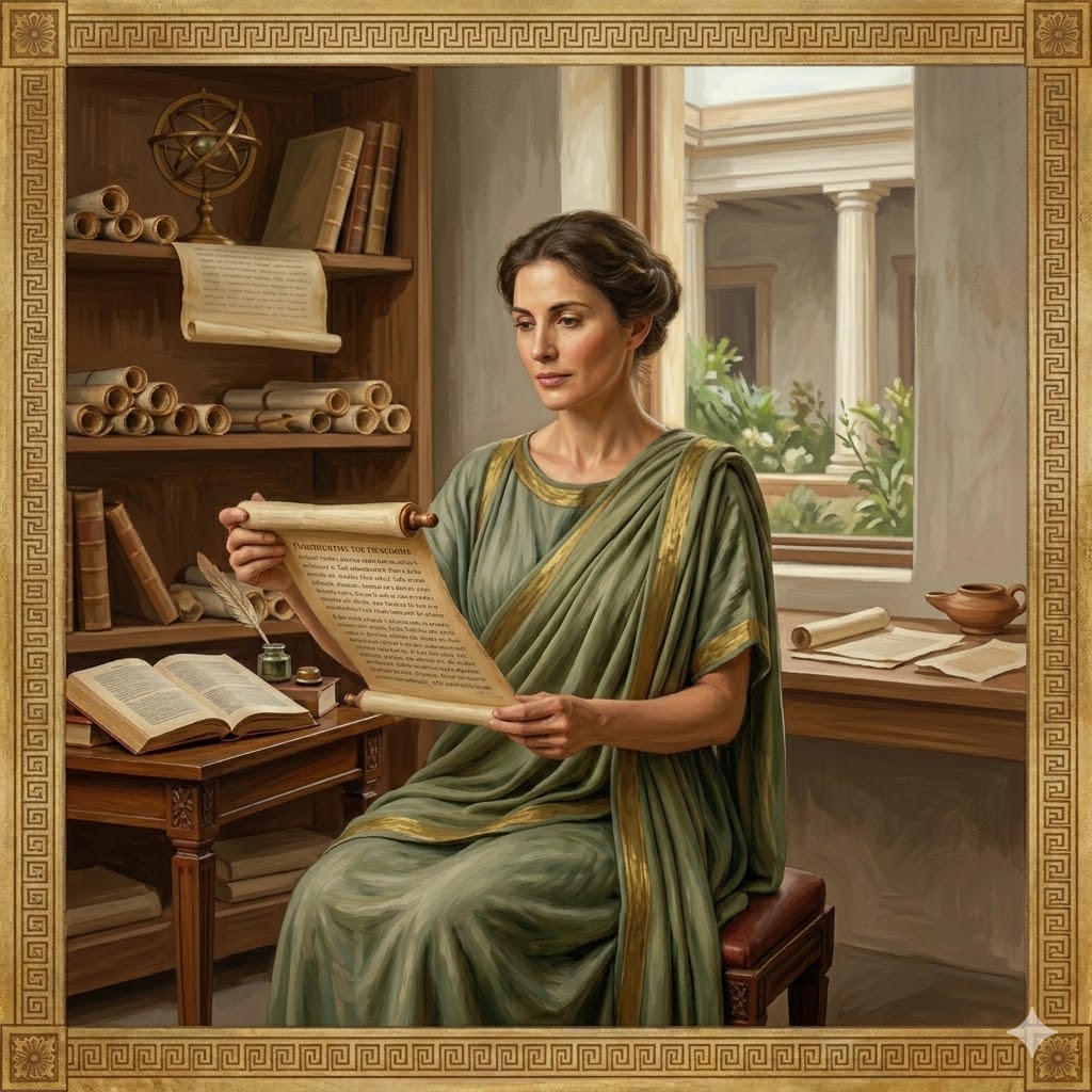 Historisch anmutende Illustration einer schreibenden Frau in einer Bibliothek, umgeben von Büchern und Manuskripten. Arria die Platonikerin