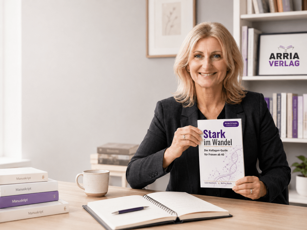 Blonde Autorin sitzt an einem hellen Schreibtisch und präsentiert das Buch „Stark im Wandel – Der Kollagen-Guide für Frauen ab 40“. Im Hintergrund ist das Logo des Arria Verlags zu sehen.