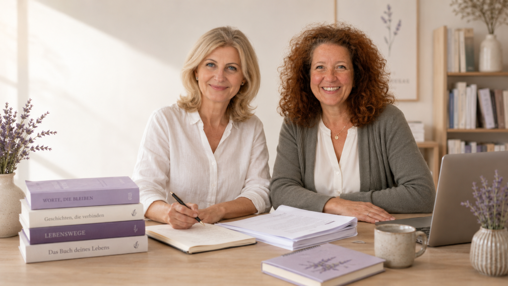 Laura Hausmanns und Bettina Staude vom Arria Verlag sitzen gemeinsam an einem Schreibtisch und arbeiten an Manuskripten und Buchprojekten.
