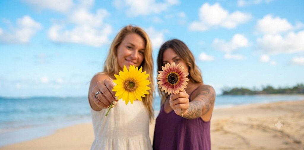 Zwei vitale Frauen ab 40 am Strand mit Sonnenblumen – Titelbild für das Buch Stark im Wandel, der Kollagen-Guide