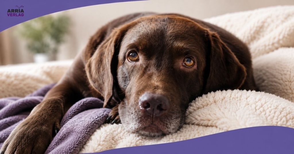 Älterer brauner Labrador mit traurigem Blick liegt auf einer weichen Decke – Arthrose beim Hund