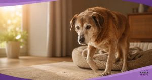 Älterer Hund erhebt sich steif und vorsichtig aus seinem Hundebett – typisches Zeichen für Anlaufschmerz bei Arthrosetypisches Zeichen für Anlaufschmerz bei Arthrose