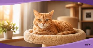 Ältere rote Katze ruht zusammengerollt auf einem erhöhten Kratzbaum-Platz am sonnigen Fenster – Arthrose bei Katzen