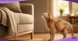 Getigerte Katze sitzt am Boden neben einem Sessel und blickt nach oben, statt hinaufzuspringen