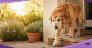 Älterer Golden Retriever mit ergrautem Fang steht aufmerksam im Grünen bei warmem Abendlicht
