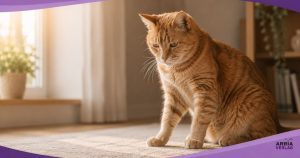 Rot getigerte Katze sitzt ruhig und aufmerksam da, ohne sichtbare Anzeichen von Beschwerden