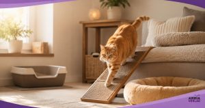 Rot getigerte Katze steigt über eine niedrige Stufe zu einem erhöhten Liegeplatz im Wohnzimmer